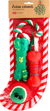 Zestaw 4 świątecznych zabawek dla psa: zielona kość z detalami, czerwona gryzaka, lina w paski i piłka z łapami.
