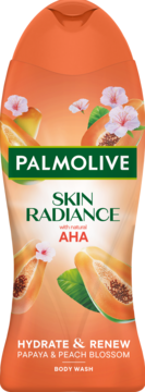 Palmolive Skin Radiance Hydrate & Renew Body Wash, Papaya & Peach Blossom, z AHA, pomarańczowa butelka, przód.