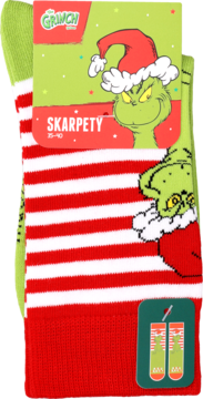 Grinch skarpety rozmiar 35-40. Zielono-czerwone skarpetki w paski, z Grinchem w czapce Mikołaja i psotnym wyrazem.