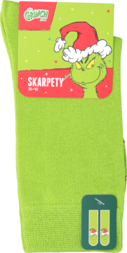Jasnozielone skarpety Grinch rozmiar 35-40, z grafiką Grincha w czapce Mikołaja na widocznej metce.