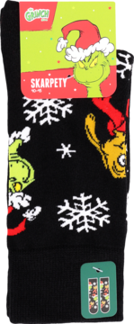 Czarno-zielone skarpety Grinch z motywem postaci w czapce Mikołaja i białymi płatkami śniegu, widoczne w opakowaniu z metką SKARPETY 40-45.