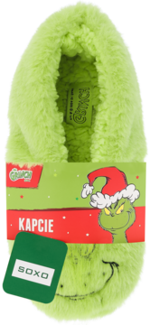 Puszyste, neonowo zielone kapcie Grinch, widoczne od góry. Na opakowaniu Grinch w czapce Mikołaja, logo SOXO.