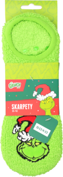 Zielone, puszyste skarpety Grinch rozmiar 35-40 w opakowaniu z ilustracją postaci i logo SOXO, widok z przodu.