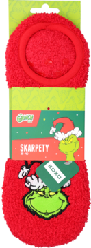 Czerwone, puchate skarpety Grinch 35-40, z twarzą Grincha na opakowaniu i stopce, widok z przodu.