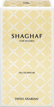 Kremowo-żółte opakowanie perfum Swiss Arabian Shaghaf for Women EDP z geometrycznym wzorem, widok z przodu.