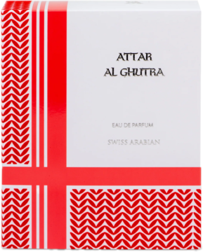 Swiss Arabian Attar Al Ghutra woda perfumowana, białe pudełko z czerwonymi wzorami ghutry, z przodu.