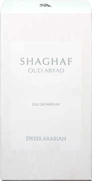 Białe pudełko perfum Swiss Arabian Shaghaf Oud Abyad EDP, widok z przodu, szare napisy i delikatna faktura.