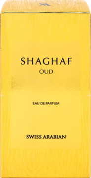Złote pudełko perfum Swiss Arabian Shaghaf Oud EDP, widok z przodu, czarne napisy na teksturowanym tle.