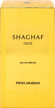 Złote pudełko perfum Swiss Arabian Shaghaf Oud EDP, widok z przodu, czarne napisy na teksturowanym tle.