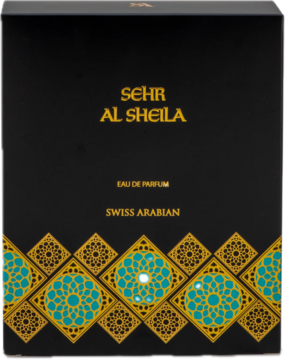Swiss Arabian Sehr Al Sheila, damska woda perfumowana, czarne pudełko, złoto-turkusowy wzór, widok frontalny.