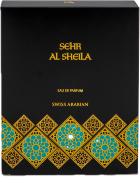 Swiss Arabian Sehr Al Sheila, damska woda perfumowana, czarne pudełko, złoto-turkusowy wzór, widok frontalny.