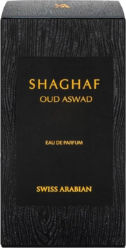 Swiss Arabian Shaghaf Oud Aswad woda perfumowana w czarnym pudełku z teksturą drewna, złoty tekst, widok z przodu.