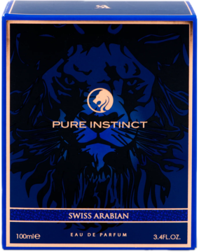 Ciemnoniebieskie pudełko perfum Swiss Arabian Pure Instinct z grafiką złotego lwa, 100ml. Widok z przodu.