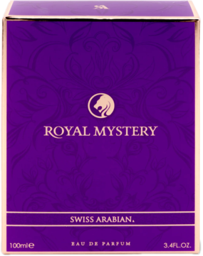 Swiss Arabian Royal Mystery damska woda perfumowana, fioletowe pudełko ze złotym logo, widok z przodu pod kątem.