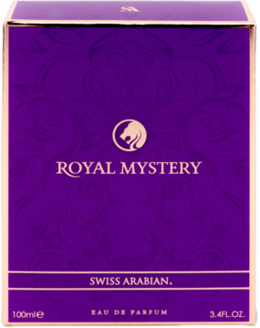Swiss Arabian Royal Mystery damska woda perfumowana, fioletowe pudełko ze złotym logo, widok z przodu pod kątem.