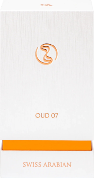 Przedni widok białego, prostokątnego pudełka perfum Swiss Arabian Oud 07 z miedzianym logo i pomarańczowym paskiem.