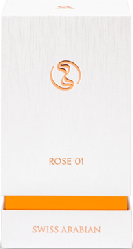 Perfumy Swiss Arabian Rose 01, białe pudełko z subtelną fakturą drewna, miedzianym logo i tekstem, pomarańczowym paskiem. Widok z przodu.