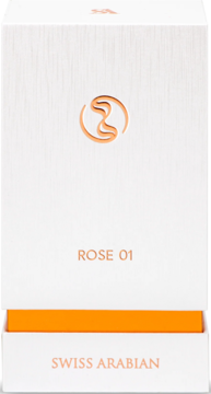 Perfumy Swiss Arabian Rose 01, białe pudełko z subtelną fakturą drewna, miedzianym logo i tekstem, pomarańczowym paskiem. Widok z przodu.