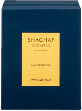 Swiss Arabian Shaghaf Oud Azraq, woda perfumowana w granatowym pudełku ze złotą etykietą, widok z przodu.