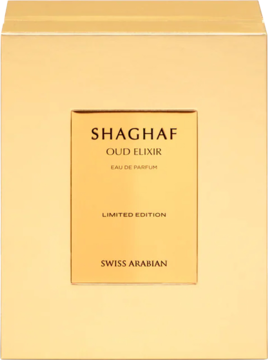 Złote pudełko perfum Swiss Arabian Shaghaf Oud Elixir, widok frontalny, z napisem "Limited Edition".