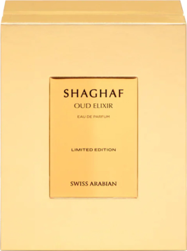 Złote pudełko perfum Swiss Arabian Shaghaf Oud Elixir, widok frontalny, z napisem "Limited Edition".