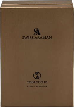 Brązowe, matowe opakowanie perfum Swiss Arabian Tobacco 01 Extrait De Parfum, widok z przodu.