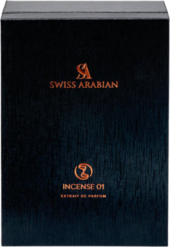 Czarne, matowe pudełko Swiss Arabian Incense 01 Extrait de Parfum unisex z pomarańczowo-złotymi napisami, widok z przodu.