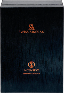 Czarne, matowe pudełko Swiss Arabian Incense 01 Extrait de Parfum unisex z pomarańczowo-złotymi napisami, widok z przodu.