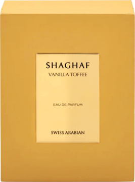 Złote pudełko perfum Swiss Arabian Shaghaf Vanilla Toffee EDP, z beżową etykietą i czarnymi napisami.