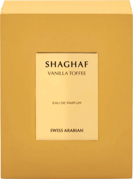 Złote pudełko perfum Swiss Arabian Shaghaf Vanilla Toffee EDP, z beżową etykietą i czarnymi napisami.