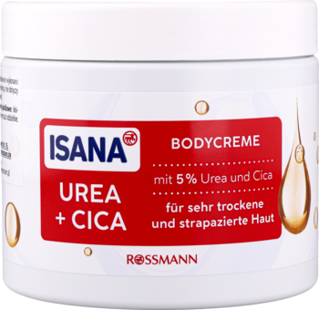 Biały słoik Isana Urea + Cica Bodycreme z czerwoną etykietą, widok z przodu. Krem z 5% mocznika na suchą skórę.
