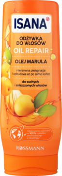 Isana Oil Repair odżywka z olejem marula w pomarańczowej butelce, widok z przodu, do włosów suchych i zniszczonych.