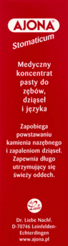 Czerwona etykieta AJONA Stomaticum, koncentratu pasty do zębów, zapobiega kamieniowi i odświeża oddech, widok z przodu.