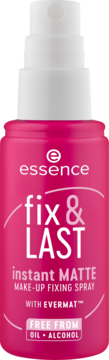 Różowy spray utrwalający Essence Fix & Last Instant Matte Make-Up w butelce z białym atomizerem, widok z przodu.