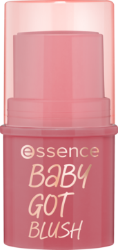 Róż w sztyfcie Essence Baby Got Blush 40 Sweets & Roses, kremowy, w odcieniu różu, z złotym napisem, widok z przodu.