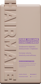 Hairmate Pure Volume Conditioner, beżowa butelka z fioletowym tekstem, zwiększająca objętość i elastyczność, widok z przodu.