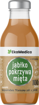 EkaMedica sok jabłko pokrzywa mięta z wit. C, w szklanej butelce z beżową etykietą, widok z przodu.