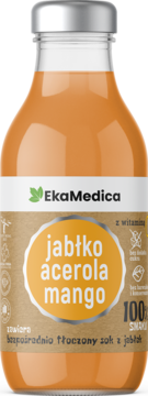 EkaMedica suplement diety Jabłko Acerola Mango w szklanej butelce, pomarańczowy, widok z przodu, bez cukru.