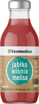 EkaMedica suplement jabłko wiśnia melisa, sok bez cukru, z wit. C, w szklanej butelce, widok frontalny.