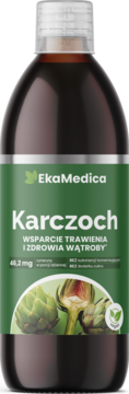 EkaMedica Karczchoch, brązowa butelka z zieloną etykietą, wspiera trawienie i wątrobę, widok z przodu.