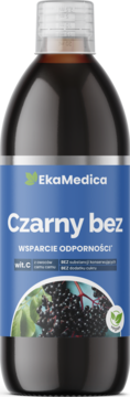 EkaMedica Czarny Bez, ciemna butelka z niebieską etykietą, sok z bzu bez cukru, wit.C, wsparcie odporności.