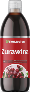 Butelka EkaMedica Żurawina, sok 100% z żurawiny, bez dodatku cukru, czerwona etykieta, widok z przodu.
