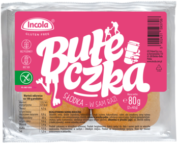 Opakowanie Incola Bułeczka Słodka, 80g, dwie bezglutenowe bułeczki w różowej folii z białym napisem.