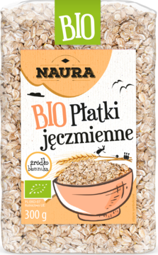 Opakowanie Naura BIO Płatków jęczmiennych 300g, z przodu zielono-pomarańczowa etykieta z miską płatków.