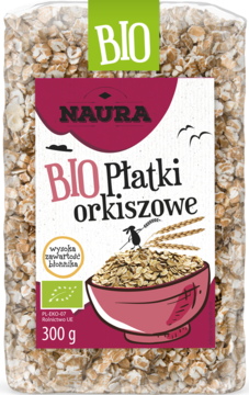 Naura BIO Płatki orkiszowe 300g w przezroczystym opakowaniu z różową etykietą, widok z przodu.