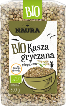 Naura BIO kasza gryczana niepalona 500g, przezroczyste opakowanie z zieloną etykietą "źródło błonnika".