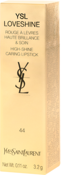 Złote, prostokątne pudełko szminki YSL LOVESHINE High-Shine Caring Lipstick, z przodu widoczny tekst i logo.