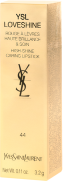 Złote, prostokątne pudełko szminki YSL LOVESHINE High-Shine Caring Lipstick, z przodu widoczny tekst i logo.