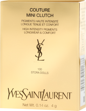 Złote opakowanie palety cieni Yves Saint Laurent Couture Mini Clutch 100 Stora Dolls, z napisem PIGMENTS HAUTE INTENSITE, widok z przodu.