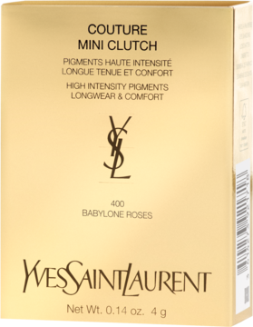 Złote opakowanie palety cieni Yves Saint Laurent Couture Mini Clutch 400 Babylone Roses, widok z przodu.
